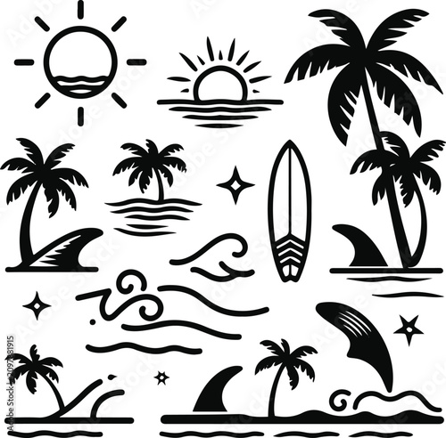 Photography Minimal surfing icons collection, surfboards, wave splash, tropical sun, palm trees, shark fin, beach flag, editable thin black stroke vector, white background