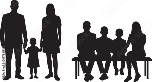 Family Silhouette Against White Background Black Shape Illustration