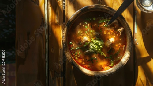 This vibrant food photography captures a bowl of Tom Yum Soup, the iconic Thai hot and sour soup, known for its bold flavors of lemongrass, lime, chili, and galangal. The clear, aromatic broth is fill