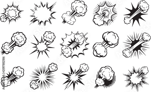 Fotografie Explosion Silhouettes Vector Set Comic style Burst Graphics