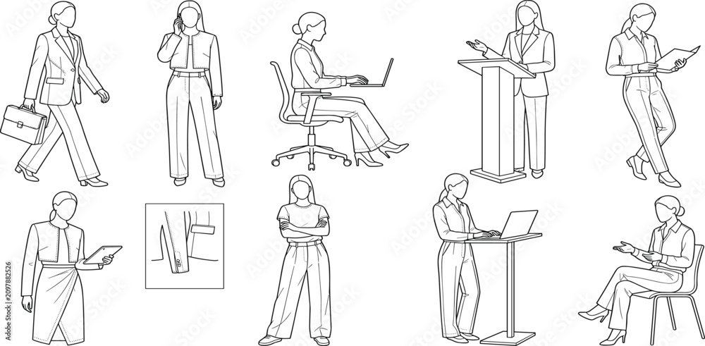 Obraz premium Art & IllustrationSet of Professional Businesswomen Outline Illustrations in Various Office and Corporate Working Poses