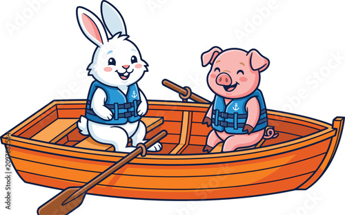 Cute cartoon rabbit and pig characters in a wooden rowboat wearing blue life jackets for water safety