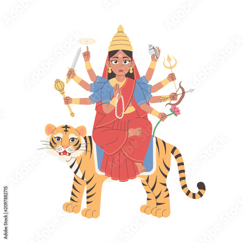 Goddess Durga Mounted on a Tiger Holding Sacred Objects for Navratri