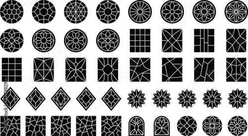 Geometric stained glass and mosaic tile pattern icons set for architectural design and decorative projects