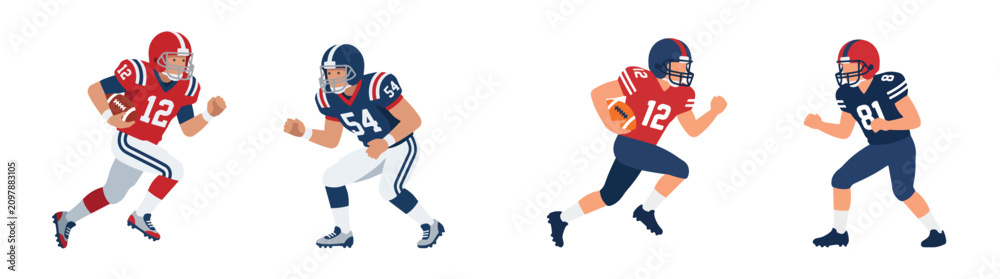 Fototapeta premium Professional American Football Players in Dynamic Action Poses Wearing Team Uniforms for Sports Graphics