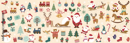 Set of cartoon Christmas elements, Santa, winter stockings, stars and pine trees isolated