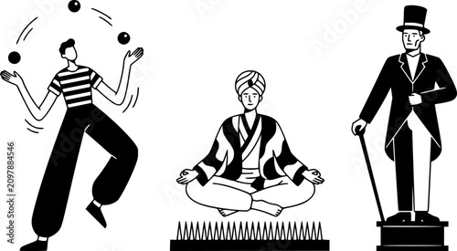 Street performance artists. Festival performing show characters, juggler, fakir and living statue. Artistic street performance vector illustration set