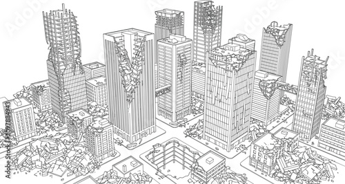 Fotografi Post apocalyptic destroyed cityscape panorama with ruined skyscrapers rubble and
