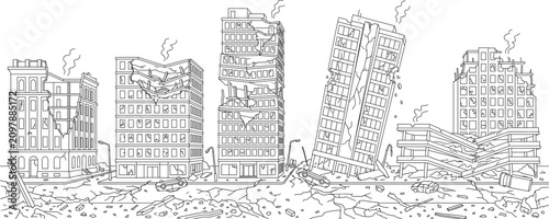 Fotografie Ruined city panorama vector line art with destroyed buildings, flipped cars, and