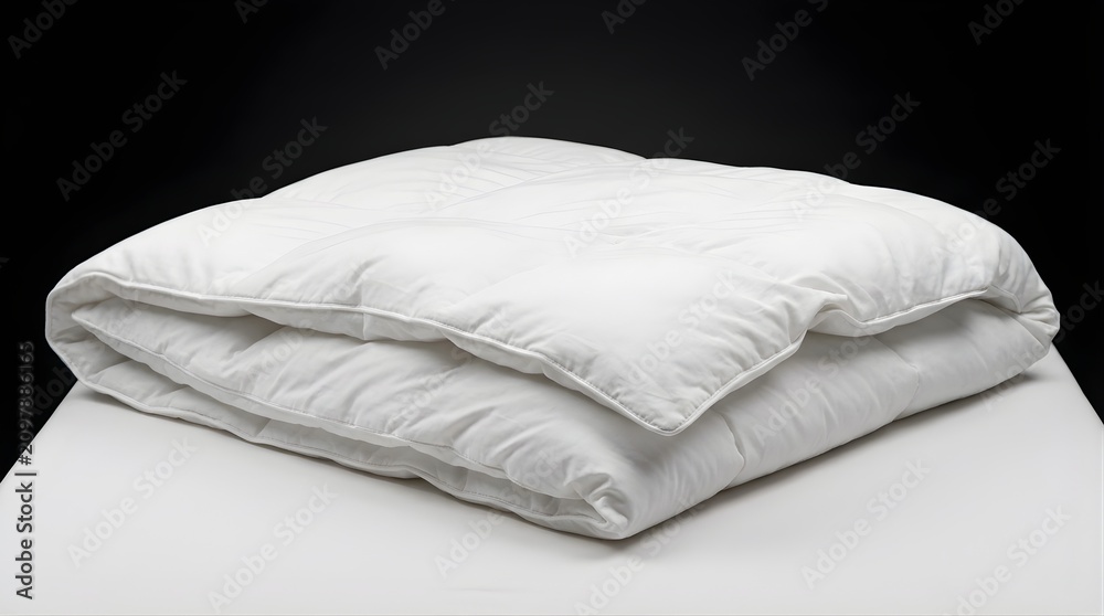 Obraz premium White Quilted Comforter Folded On A Smooth Surface Against A Dark Background Providing Comfort And Luxury For Bedding