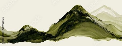 Abstract Olive Green Composition with Organic Ink Flowing Forms on Light Background