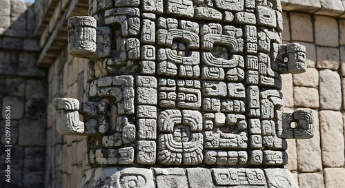 Ancient stone wall with carved inscriptions and symbols.