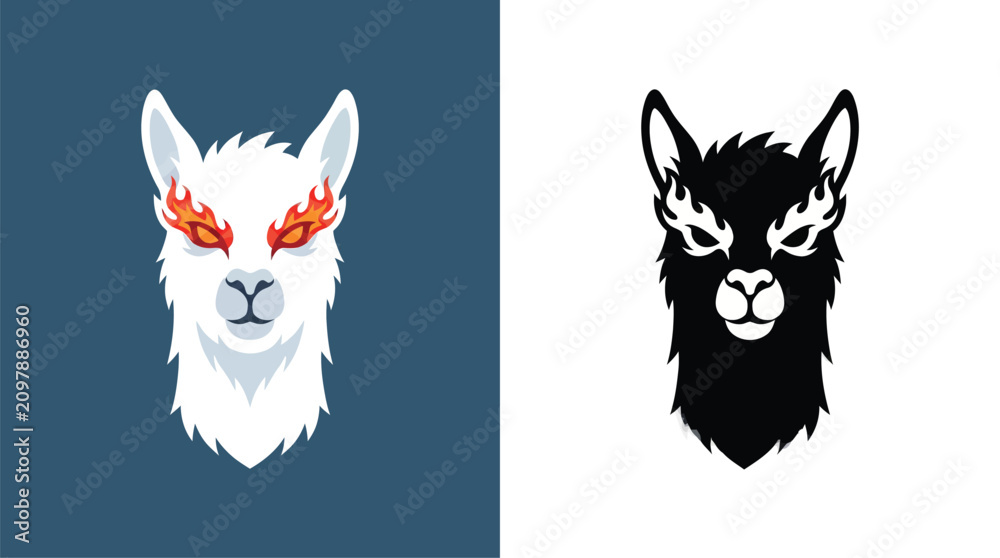 Fototapeta premium Stylized white and black llama head illustrations with fiery eyes, depicting a fierce and mystical animal spirit.