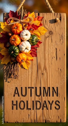 Autumn harvest holiday decorations with pumpkins and gourds.