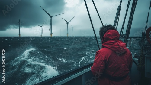 Man in red jacket on a boat looking at offshore wind turbines in stormy ocean.