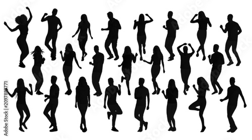 A dynamic collection of stylized black silhouette figures dancing in a joyful line formation, arms raised high, creating a sense of rhythm and unity. Perfect for illustrating celebration, movement, or