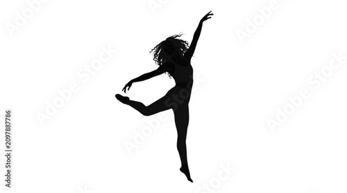 Konstfotografi A striking black silhouette of a ballet dancer captured in a powerful mid-air pose, showcasing elegance and athleticism