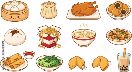 Foto Traditional Chinese Food and Dim Sum Vector Icon Set with Xiaolongbao, Shumai, P