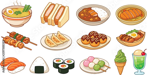 Bild auf Leinwand Traditional Japanese Food Vector Icon Set with Ramen, Katsu Sando, Curry Rice, K