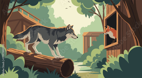 Foto Cartoon illustration of a wild grey wolf on a log looking at a red fox inside a small wooden forest treehouse