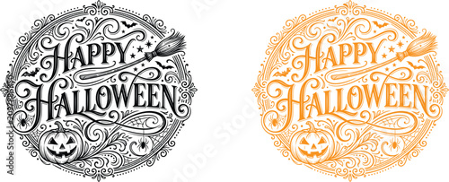 Foto Happy halloween ornate lettering designs black orange vector graphics