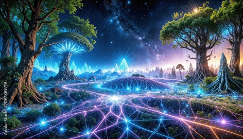 Glowing trees illuminating an enchanted forest landscape with a cosmic network connecting elements under a starry night sky.