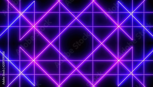 Glowing neon lines creating grid pattern with purple and blue rays reflecting digital technology and retrofuturistic universe.