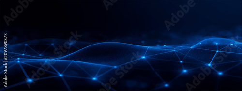 Fotografie Abstract blue digital technology background featuring luminous network nodes, fl