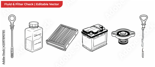 Car maintenance fluid filter icons set showing engine oil dipstick, radiator cap, automotive battery, cabin air filter, and brake fluid bottle for vehicle service checklist graphic illustration.