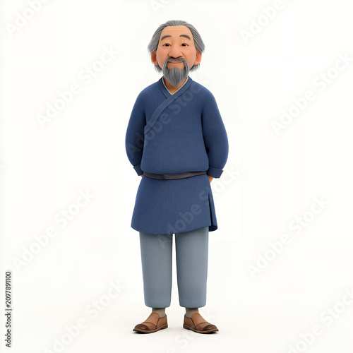 Elderly Asian Man In Traditional Clothing 3D Cartoon Character