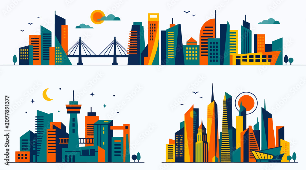 Obraz premium Flat Vector City Skyline Collection with Modern Architectural Shapes, Abstract Urban Landscapes Featuring Skyscrapers and Suspension Bridge, Minimalist Design Elements for Infographics and Web