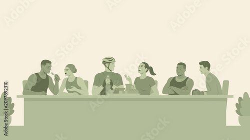 Stylized silhouette illustration of athletes gathered at a long table, utilizing a monochromatic green color scheme to emphasize form and social interaction over detail