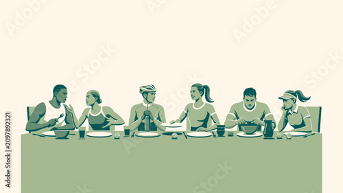 Diverse group of men and women in athletic clothing interacting during a communal meal, highlighting social cohesion and shared interests in health and physical activity