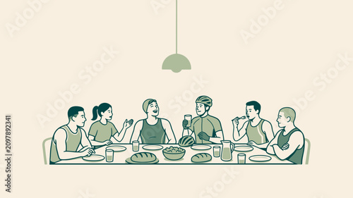 Wide shot of athletes seated at a dining table beneath a single hanging pendant lamp, creating a focused atmosphere for a healthy communal dinner in a minimalist room