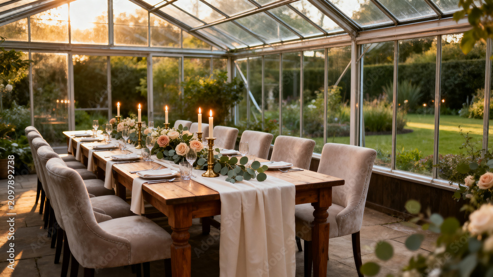 Obraz premium Modern glass greenhouse in a landscaped garden transformed into a small event venue, long tables, candles, floral accents and elegant seating. Chamber wedding in nature, in a greenhouse.