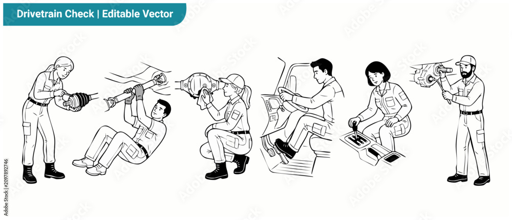 Obraz premium Car mechanic drivetrain repair vector set of technicians servicing car gearbox, driveshaft, differential, and axle components in black and white line art style for automotive garage workshop manual.