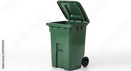 Green trash can with lid open. Recycling bin for waste management