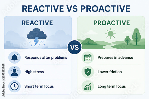 A comparison graphic illustrates the differences between reactive and proactive approaches to life or work.
