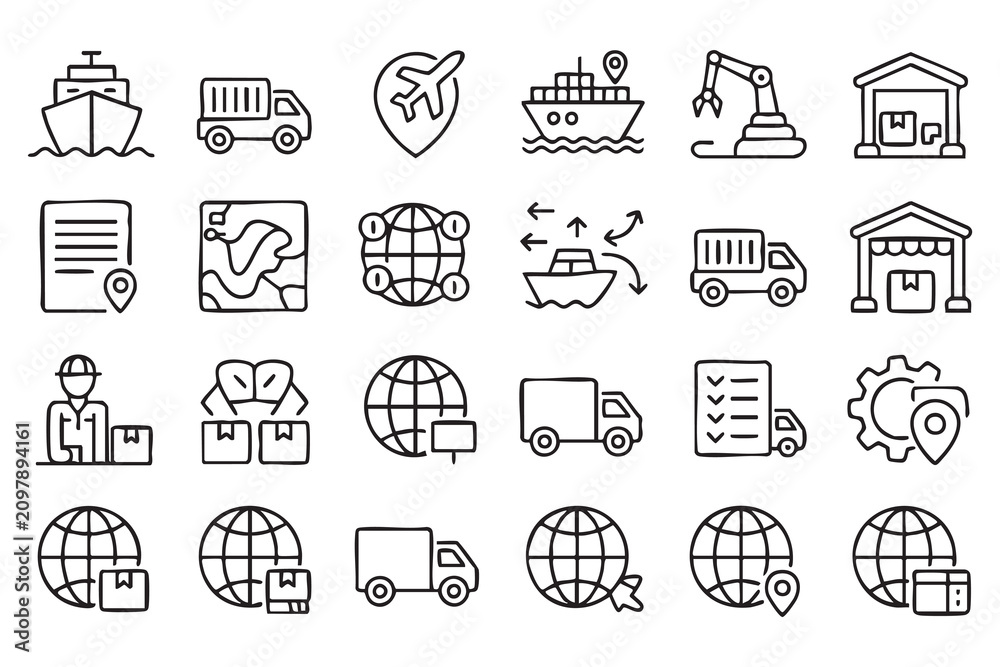 Fototapeta premium Global Logistics Line Icons with Cargo Shipping, Warehouses and Delivery Trucks