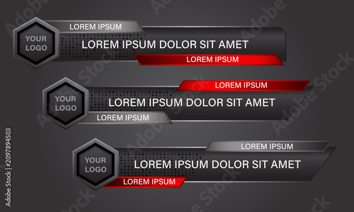 Broadcast News Lower Thirds Template layout black red set collection design banner for bar Headline news title, sport game in Television, Video and Media Channel vector