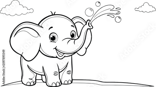 Cute elephant spraying water coloring book page for kids adults