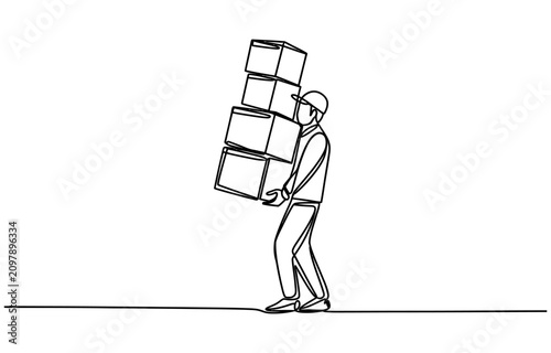 Obraz na plátne Continuous single line drawing of a delivery man carrying a stack of cardboard b