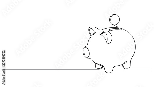 Canvastavla Continuous line drawing of a piggy bank with coin on top
