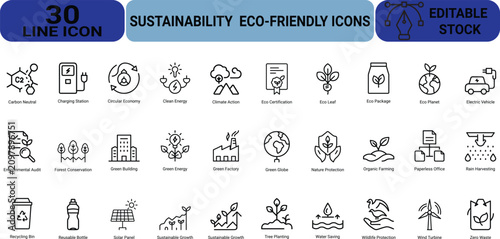 Sustainability eco friendly icons set featuring carbon neutral energy circular economy climate action green building organic farming and recycling.