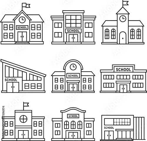 School building outline set with nine campus facade variations
