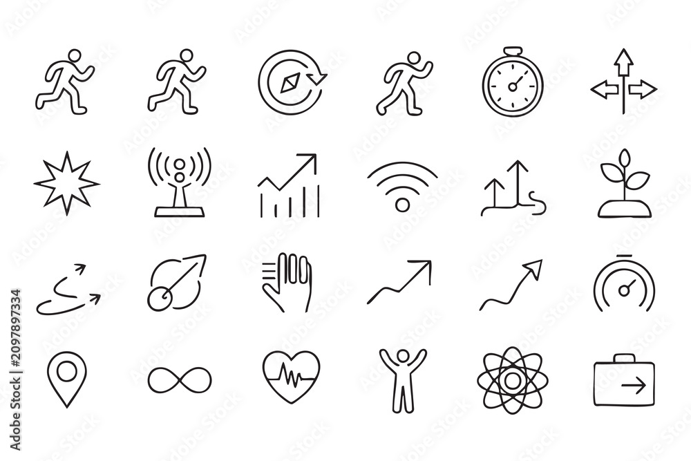 Fototapeta premium Fitness and Performance Line Icon Set with Running, Speed and Growth Symbols