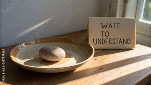 Serene Stone in Minimalist Bowl With Inspirational Note About Patience and Understanding in Natural Light Setting