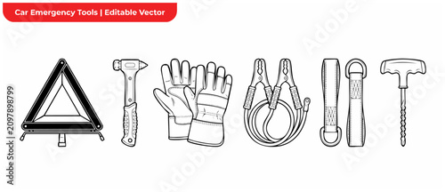 Foto Car Emergency Tools Vector Icon Set featuring roadside assistance equipment, safety hammer, warning triangle, jumper cables, work gloves, towing strap, and tire repair kit in line art style