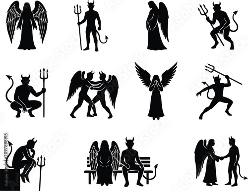 Canvastavla Black silhouette collection of angels and devils representing good versus evil
