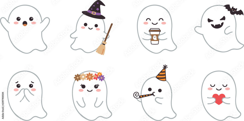 Obraz premium Cute Halloween Ghost Vector Character Set with Witch Hat, Coffee Cup, Birthday Party Elements, and Sweet Expressions for Kids Holiday Sticker Designs